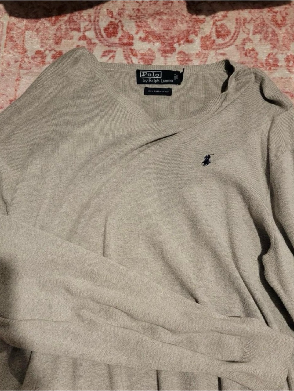 Ralph Lauren Men’s V-Neck Sweater in Light Taupe with Navy Pony
